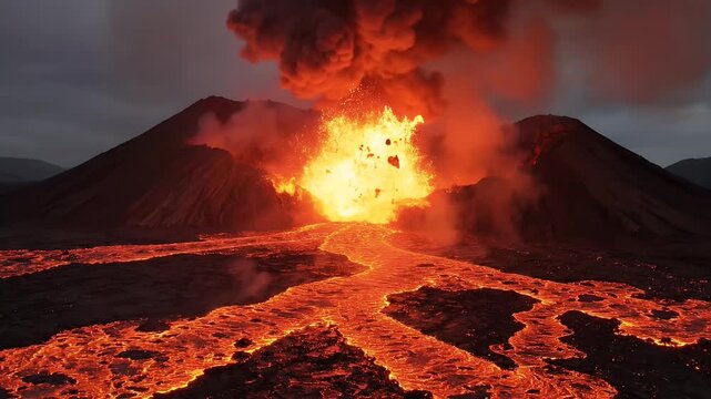 Violent volcano eruption with lava flow and smoke plume, dramatic natural disaster footage