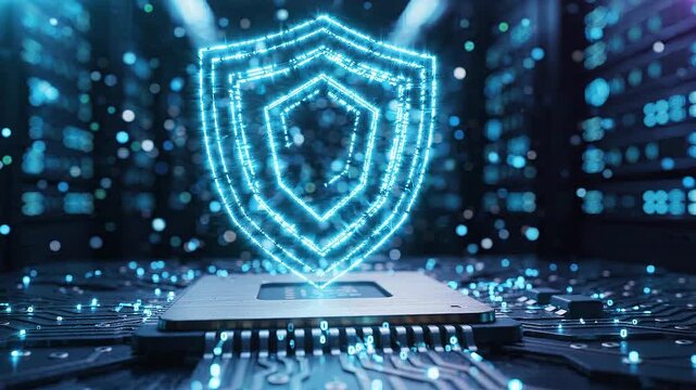 Digital security shield icon hovering over a computer processor chip on a circuit board with glowing data connections