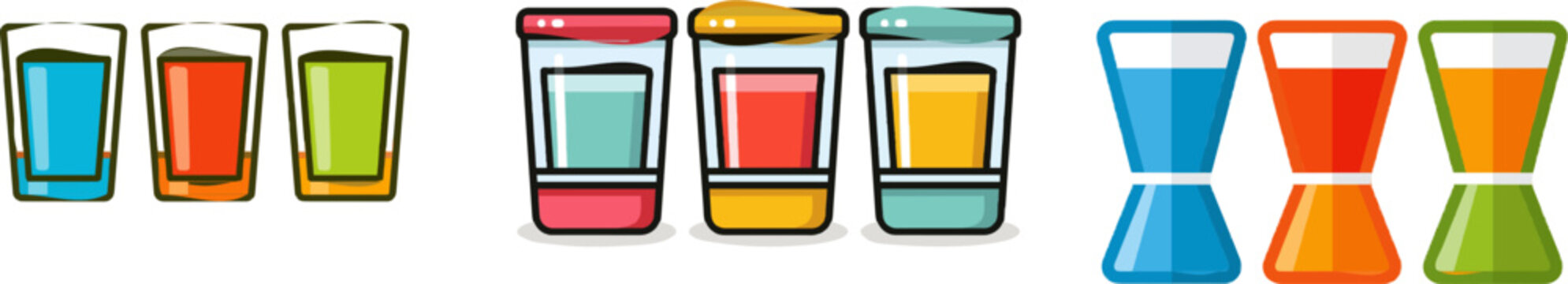A vibrant flat vector icon features three colorful tequila shooter glasses arranged in a row, each filled with distinct hues of blue, red, and green, set against a pristine white background