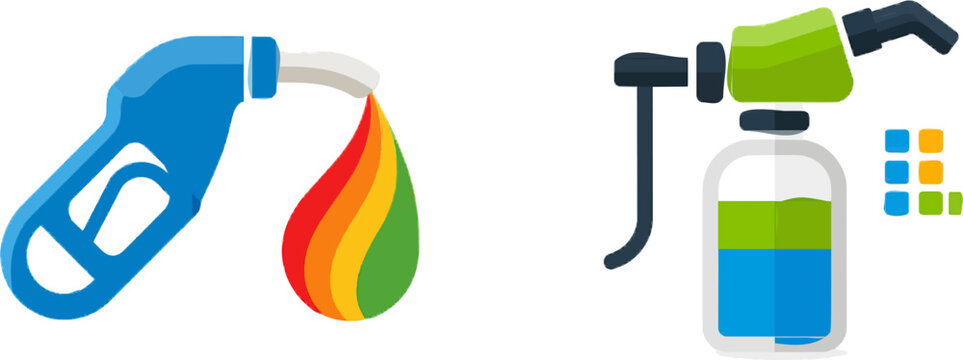 A vibrant, flat vector icon of an AdBlue exhaust fluid nozzle with bright colors and modern UI design, showcasing a blue nozzle dispensing a rainbow-colored droplet against a clean white background