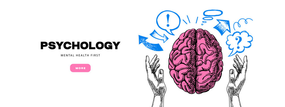 Sketch hands with brain. Human mind care, therapy, mental health, psychology, neuroscience, clinic, psychotherapy collage concept. Hand drawn isolated vector illustration.