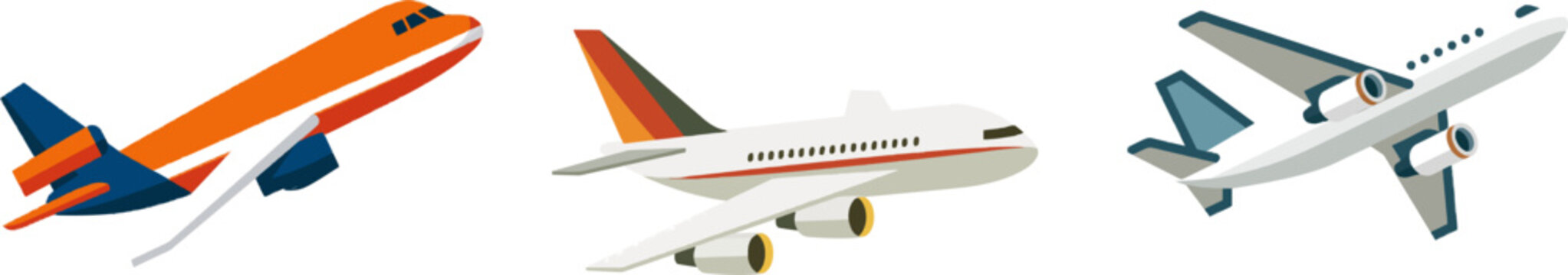 A minimalist flat vector icon of a commercial cargo airplane in orange with blue accents, depicted in a dynamic takeoff pose against a white background