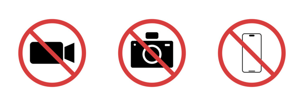 no camera recording prohibition signs. no photography video recording or smartphone sign set for restricted areas or privacy warning concept