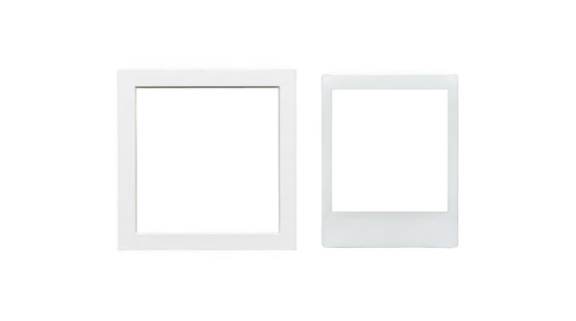 Two blank white photo frames side by side isolated on transparent background