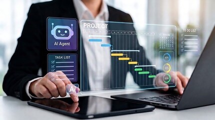  AI assistant project planning and workflow automation. business professional using virtual ai agent for task scheduling, gantt chart management, calendar organization, and productivity tracking © Studio KN