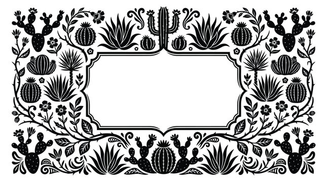 Black cactus frame border with plants