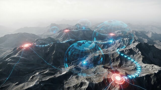 Futuristic digital network connection across barren mountain landscape showing glowing data spheres and flowing transmission lines representing global communication infrastructure development.