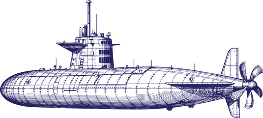 Submarine Side Profile with Sail Tower, Periscope and Propeller, Naval Military Vessel Technical Vector Line Art Illustration Isolated on White Background © lipika