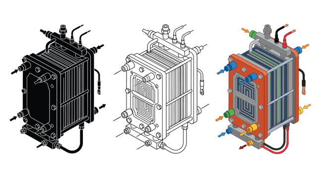 EPS Vector of Industrial hydrogen fuel cell stack optimizes renewable energy storage and manages sustainable power distribution for advanced green technology infrastructure systems.