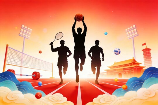 Multisport Running Athletes Illustration With Various Sports Equipment
