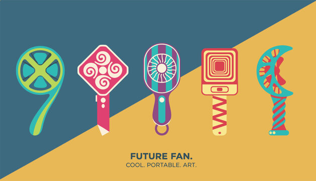 Collection of five creative futuristic handheld fan designs showcased on a diagonal split background.