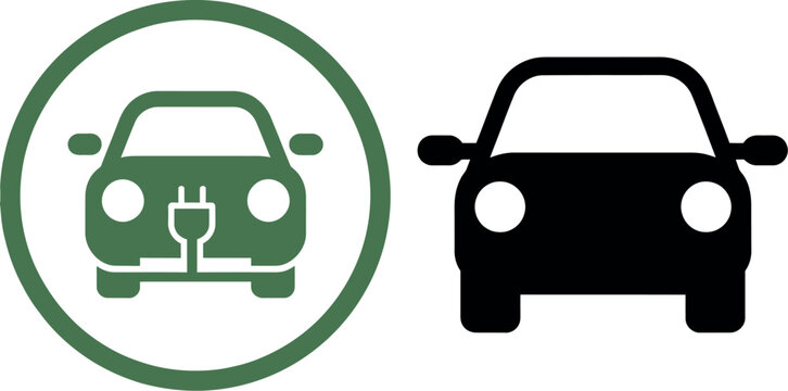 Electric and regular car icons with charging symbol inside green circle for modern vehicle. Vector illustration