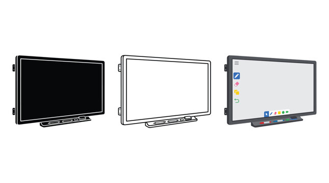 Interactive whiteboard vector illustration set featuring three digital touch screens with line art version and interface icons for education and office presentation