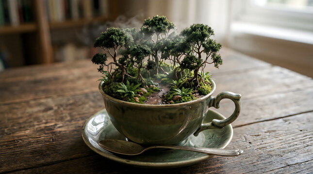 Miniature Forest with Mist Growing Inside a Teacup on Wooden Table