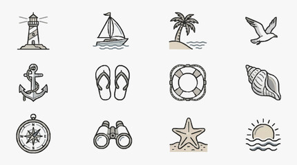 Clean Minimalist Black and White Line Drawing Icons of Coastal and Seafaring Elements for Travel or Marine Themes © Aini