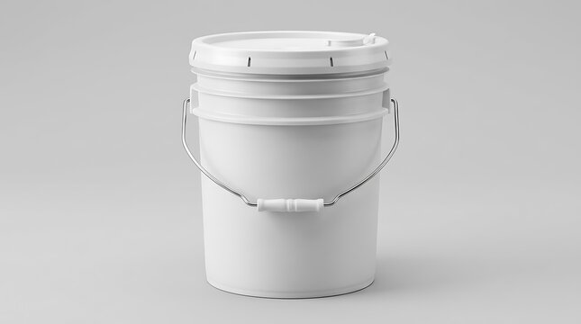 A single empty white plastic bucket with a metal handle for construction or industrial painting work. 5 gallon pail oil
