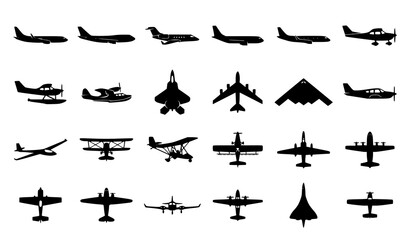 Airplane Silhouette Icon Set with Commercial Military and Vintage Aircraft Vector Collection © Milon