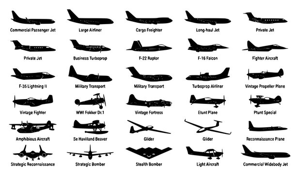 Various Airplane Silhouette Icons Vector Set for Aviation and Transportation Design