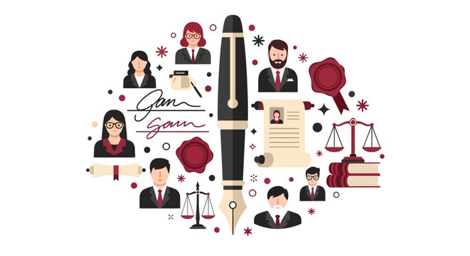 Notary Public and Legal Services Illustration with Lawyers, Scales of Justice, Fountain Pen, and Official Documents - Flat Vector Concept