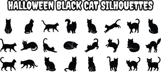 Halloween black cat silhouettes vector set with spooky feline positions © MehediHasan
