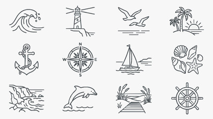 Obraz premium Dynamic Black and White Line Art Collection of Twelve Nautical and Coastal Themed Icons with high quality professional line art symbols for modern creative design and digital branding projects