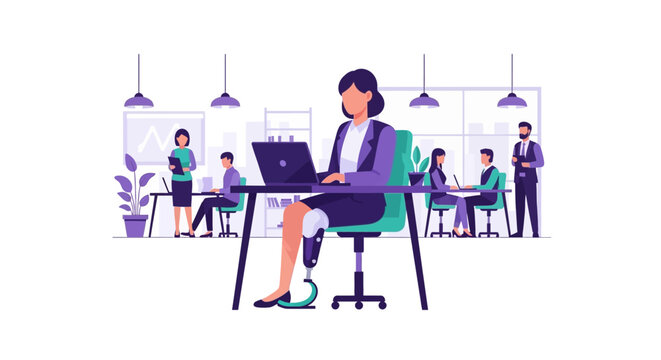 Diverse and Inclusive Workplace Illustration featuring a Professional Woman with a Prosthetic Leg Working in a Modern Office Environment