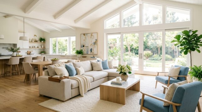 Bright and airy open-plan living room and kitchen with vaulted ceilings and large windows