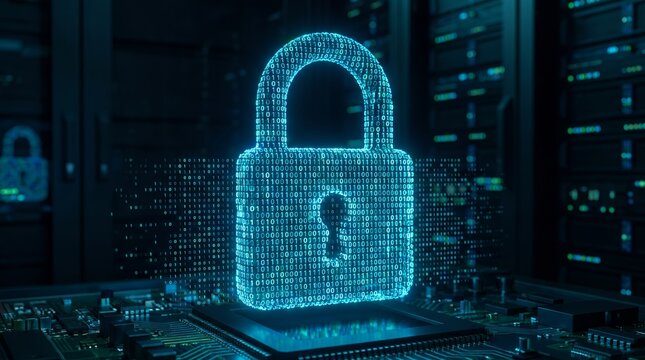 Digital lock security binary code encryption technology background concept for hacking and cybersecurity data protection
