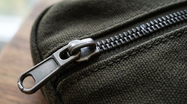 Close-up of black zippered pouch. Zipper detail on fabric bag