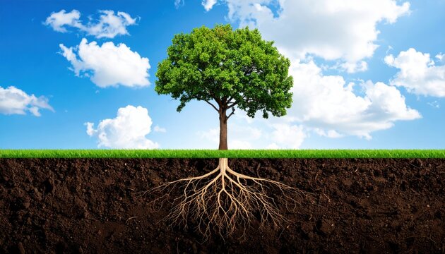 Healthy Tree With Extensive Roots Growing In Lush Green Grass Under Blue Sky