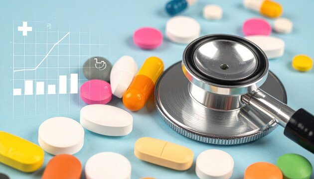 Healthcare Finance Growth Stethoscope with Pills and Growth Chart