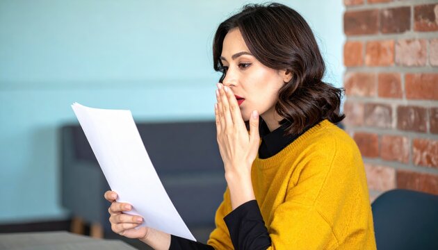 Shocked Woman Reads Bad News on Paper, Covering Mouth With Hand
