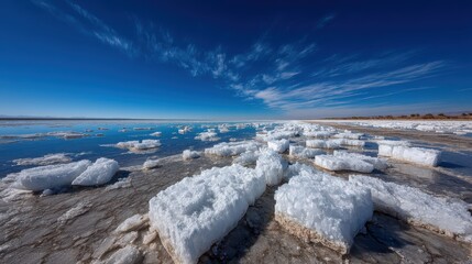 Fototapeta premium Frozen river with ice chunks under a clear blue sky during winter day