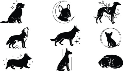 Decorative Dog Silhouette Collection Featuring Popular Canine Breeds with Floral Moon Circle and Sparkle Design Elements Vector Illustration Set © MdNazmul