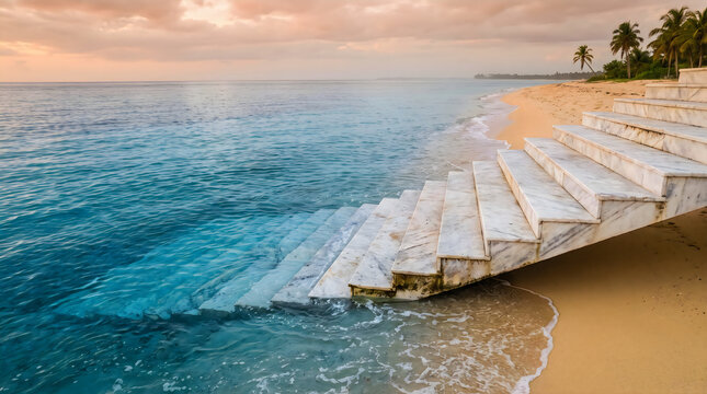 White marble steps descending into turquoise sea on a sandy beach