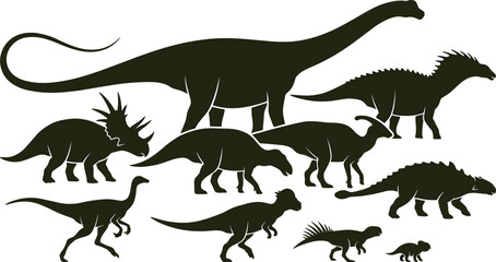 Dinosaur Silhouette Collection Featuring Prehistoric Herbivores Carnivores and Jurassic Reptiles in Black Isolated Vector Illustration Set © MdNazmul