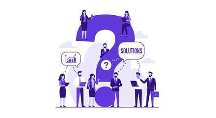 Fototapeta premium Business Team Brainstorming for Solutions and Problem Solving around Giant Question Mark Illustration
