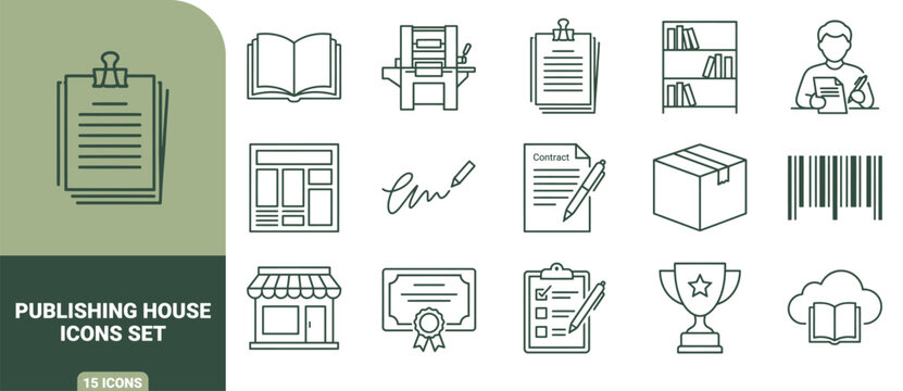 Publishing house icon set, featuring line symbols for books, printing press, contracts, bookstores, awards, and digital document management