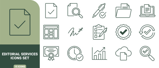 Fototapeta premium Set of 15 dark green line icons representing editorial services, document management, business tasks, verification, and data analysis symbols
