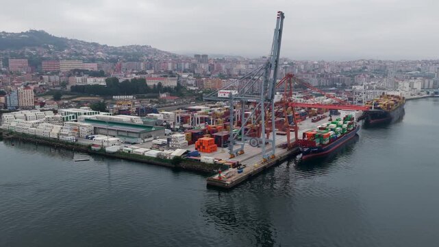 Aerial View of Container Ships at the Port of Vigo Illustrating Rising Import Export Tariffs and Global Inflation Barriers
