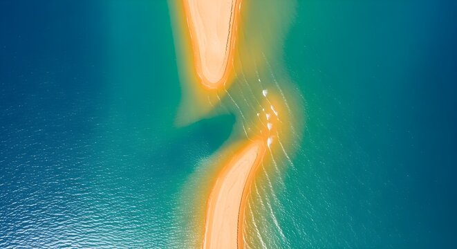 Stunning aerial view of a narrow sandy beach strip surrounded by turquoise ocean water
