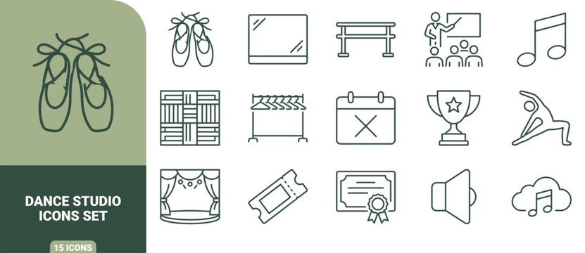 Set of 15 linear dance studio icons featuring ballet shoes, mirrors, barre, instructor, music notes, stage, costume rack, trophy, and certificate
