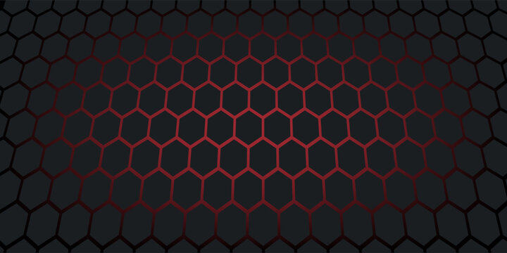 Abstract dark hexagon pattern on red neon background tech style.