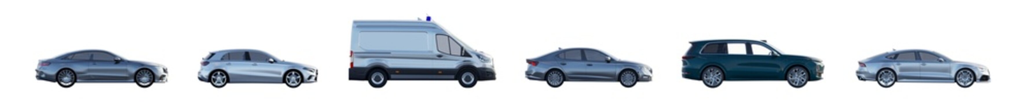 side view of unbranded modern cars in daylight lighting isolated png on a transparent background premium cutout (car side cutouts, vehicle elevation assets)
