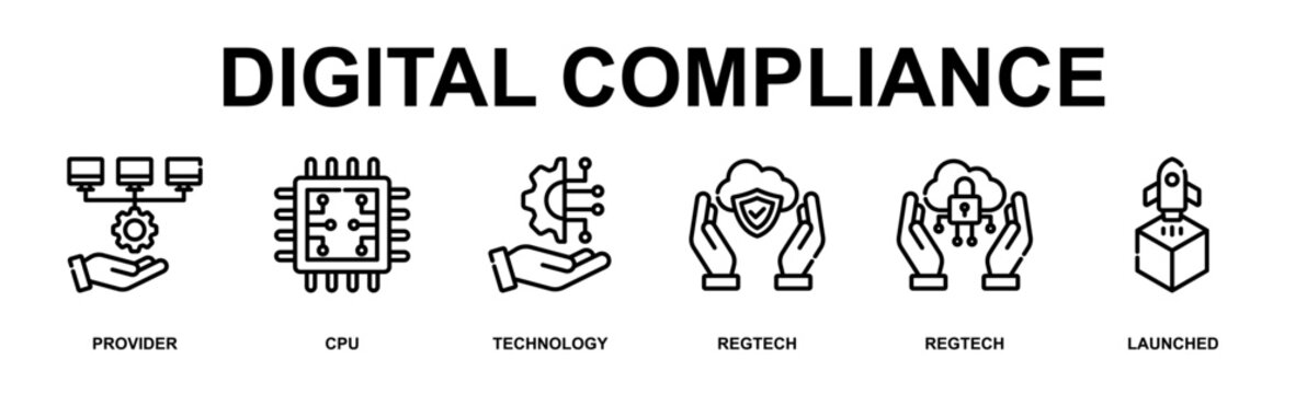Digital Compliance Banner Web Outline Icon Vector Illustration Concept for Technology with Icons of provider, CPU, technology, regtech, regtech security, launched