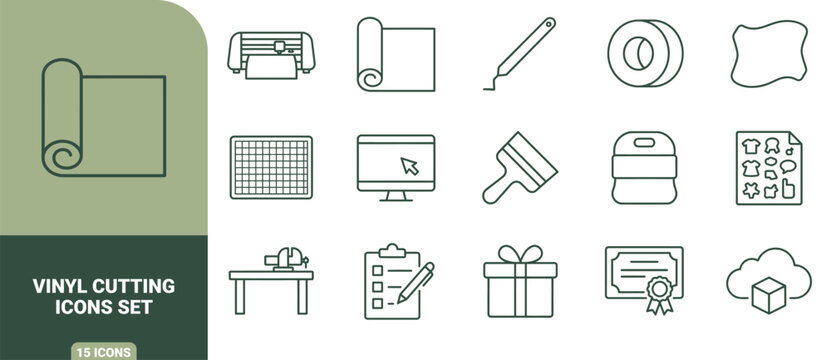 Vinyl cutting icons set, outline of crafting tools, cutting machines, and for diy projects plotter