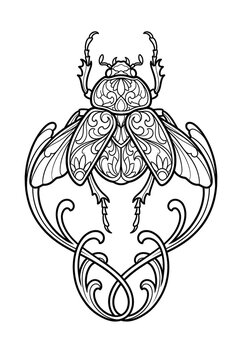 Ornamental Scarab Beetle with Open Decorative Wings Black and White Coloring Page