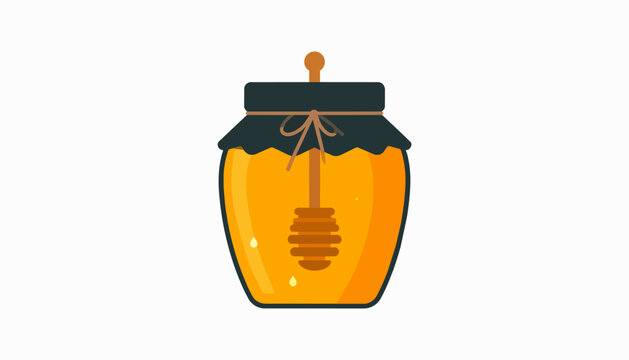 Golden honey jar with wooden dipper and black cloth lid