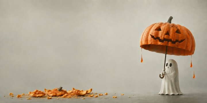 Happy halloween 2027 with white ghost stands near pumpkin umbrella beside pumpkin pieces on a neutral studio floor, forming a whimsical minimalist Halloween scene with copy space.