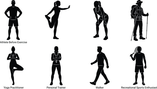 Black silhouette vector collection of athletes, sports enthusiasts, and fitness trainers in various active poses